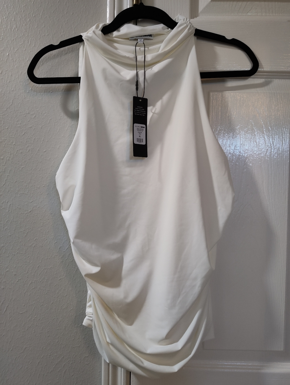 Fashion Nova White High Cowl Neck Ruched Tank Top Stretch Blouse XL Fits Med NWT